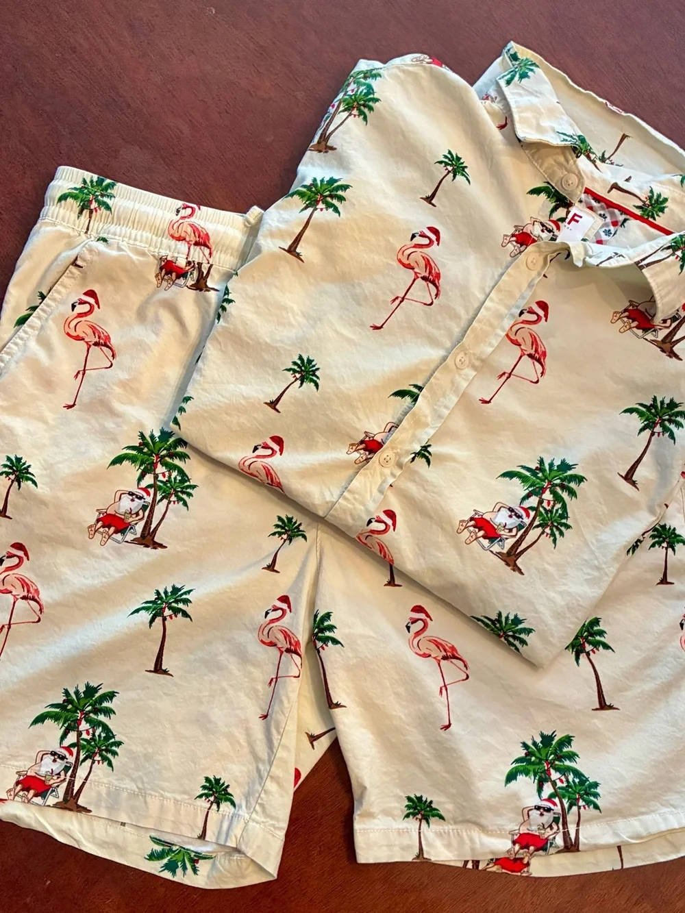 D&F Ricky Singh XL Tropical Christmas Santa Flamingo Shirt Shorts Set